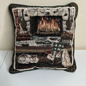 Vintage Simply Country Warmth by the Fire Winter Pillow Tapestry Cat USA 12X12